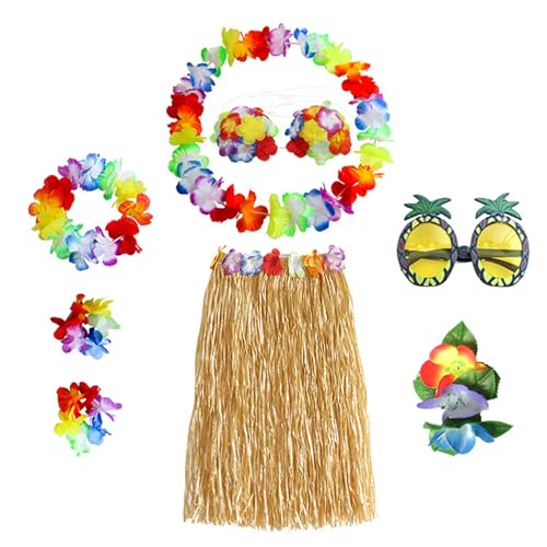 NASSMOSSE 8pcs/Set Hawaii Outfits, elastischer Grasrock mit Ananas -Sonnenbrille und Blumendekor, Hula -Rock für Kinder Erwachsene Sommerparty Strand von NASSMOSSE