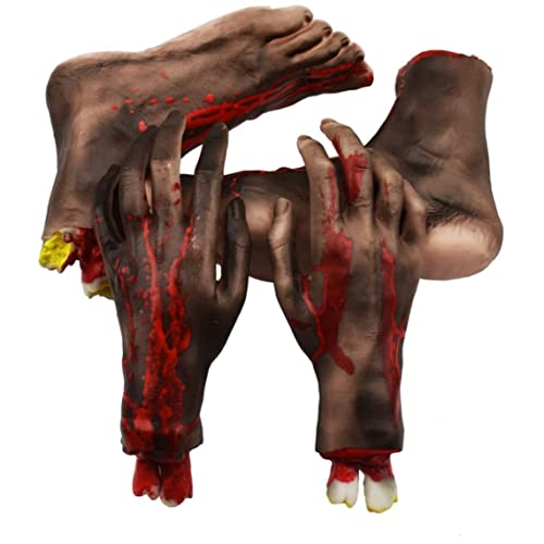 NASSMOSSE Abgetrennte Hände und Füße Set 4pcs realistische gruselige blutige Hände und Füße gefälschte Börsenkörperteile Requisiten Dekorationen, Halloween Dekor von NASSMOSSE