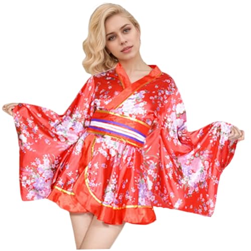 NASSMOSSE Japanische Kimono für Frauen Rot Durchschnittsgröße Kirschblüten Kimono Kleid Verstellbare Polyesterfaser Yukata Frauen für Cosplay, Party, Halloween von NASSMOSSE