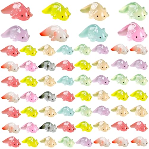 NASSMOSSE Mini -Harz Axolotl, 64pcs leuchten in den dunklen winzigen Axolotl -Figuren, 1, 2 x 0, 6 kleine Harztiere für DIY Craft Garden Landschaft Dollhouse Topfpflanzen Dekor, zufällige Farbe von NASSMOSSE