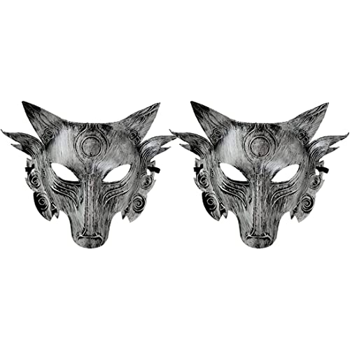 NASSMOSSE Wolf Kostüm 2PCS Halloween Wolf Head Simulation Tiermasken Maskerade Cosplay Requisiten Filmthema Halloween Party Supplies (Silber) von NASSMOSSE