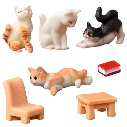 NATOSU 7 Stück Katzenfiguren, realistische Katze mit Puppenhauszubehör im Maßstab 1:12, detailliertes handbemaltes Mini-Katzendekor, Katzen-Kuchenaufsätze von NATOSU