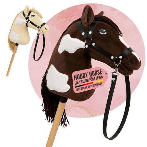 NATURTRIEB Steckenpferd mit Trense | Großes Hobby Horse für Kinder | A3 | Schecke | mit Halfter & Zügeln | hochwertiges Plüsch mit Langer Mähne | Hobby Horsing Pferd | Stockpferd (Braun/Weiß) von NATURTRIEB
