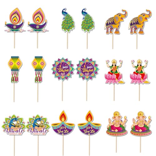 NAUZE 18 Stück Diwali-Cupcake-Aufsätze, niedliche Lichter, Party, Dessert, Cupcake-Topper, indische Diwali-Festival-Dekorationen für Zuhause, Kuchen, indisches Partyzubehör von NAUZE