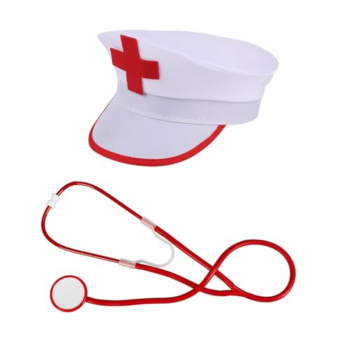 NAUZE 2-teiliges Krankenschwester-Kostüm-Set, weißer Krankenschwesterhut, rotes Stethoskop, medizinische Arbeitskappe, Halloween, Verkleidungsrequisite für Cosplay-Dekoration von NAUZE