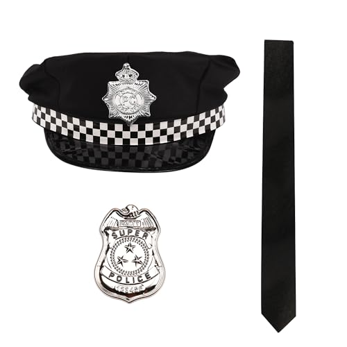 NAUZE 3 Stück Polizei Kostüm Zubehör Polizei Hut Abzeichen und schwarze Krawatte für Halloween Polizist Kostüm Zubehör von NAUZE