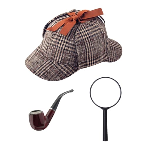 NAUZE 3-teiliges Detektiv-Kostüm-Zubehör-Set, Lupe, Pfeife, Deerstalker-Hut, viktorianischer Detektiv-Sherlock-Kostüm-Set für Halloween-Party-Zubehör NAUZE 3-teiliges Detektiv-Kostüm-Zubehör-Set, Lupe, Pfeife, Deerstalker-Hut, viktorianischer Detektiv-Sherlock-Kostüm-Set für Halloween-Party-Zubehör von NAUZE