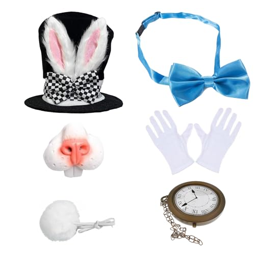 NAUZE 6-teiliges Osterhasen-Kostüm-Set, Hasenohren, Hut, Nasenschwanz, Uhr, weiße Handschuhe, blaue Fliege, Kaninchen, Party, Kostüm, Zubehör für Karneval, Ostern, Halloween, Cosplay NAUZE 6-teiliges Osterhasen-Kostüm-Set, Hasenohren, Hut, Nasenschwanz, Uhr, weiße Handschuhe, blaue Fliege, Kaninchen, Party, Kostüm, Zubehör für Karneval, Ostern, Halloween, Cosplay von NAUZE