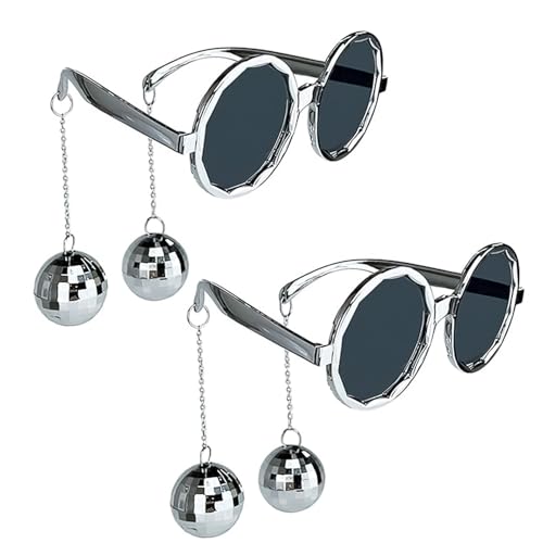 NAUZE Discokugel-Brille, flippige Sonnenbrille mit Anhänger, silberfarbene Kette, 70er-Jahre, Discobrille, Damen und Mädchen, Partygeschenke für Disco-Mottoparty, 2 Stück NAUZE Discokugel-Brille, flippige Sonnenbrille mit Anhänger, silberfarbene Kette, 70er-Jahre, Discobrille, Damen und Mädchen, Partygeschenke für Disco-Mottoparty, 2 Stück von NAUZE
