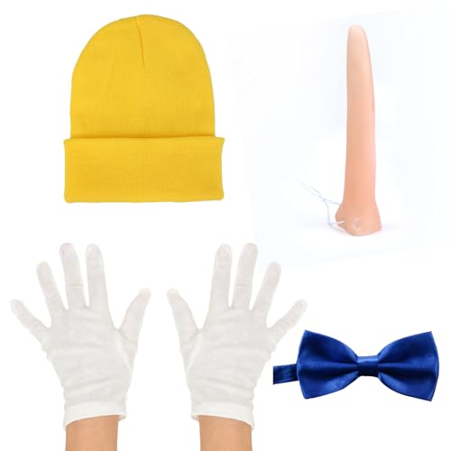 NAUZE Pinocchio Kostüm-Set, gelber Hut, blaue Fliege, weiße Handschuhe und lange Nase, Tierkostüm, Cosplay, Zubehör für Kinder, Halloween, Feiern, 4-teilig von NAUZE