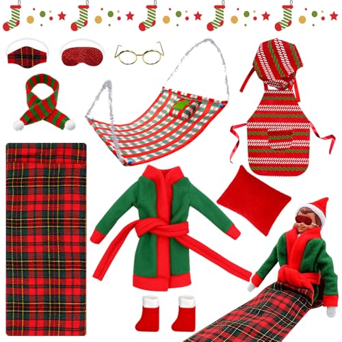 NAVESO 10 Stück Weihnachtself Puppe Zubehör, Weihnachten Elf Puppe Kostüm, Elf on The Shelf Zubehör, Elf Hängematte, Schlafsack, Schürze, Schal, Brille, Augenmaske, Kopfkissen, Schuhe, Bademantel NAVESO 10 Stück Weihnachtself Puppe Zubehör, Weihnachten Elf Puppe Kostüm, Elf on The Shelf Zubehör, Elf Hängematte, Schlafsack, Schürze, Schal, Brille, Augenmaske, Kopfkissen, Schuhe, Bademantel von NAVESO