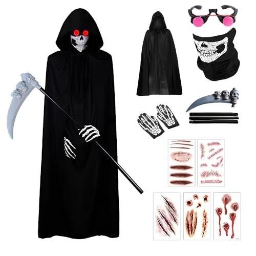 NAVESO 6 Stück Halloween Kostüm Sensenmann Herren, Sensenmann Kostüm Erwachsene, Tod Kostüm mit Sensenmann Umhang, Sense, Maskebrille,Aufkleber und Handschuhe für Halloween Cosplay Karneval von NAVESO