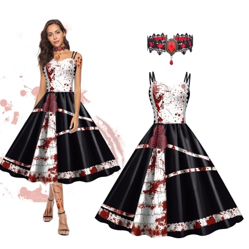 NAVESO Halloween Kleid Damen, Halloween Kleider Damen mit Blutigem Aufdruck, Zombie Braut KostümDamen, HalloweenKostüm Frauen, Horror Kostüm Damenfür HalloweenKarneval Mottoparty Cosplay von NAVESO