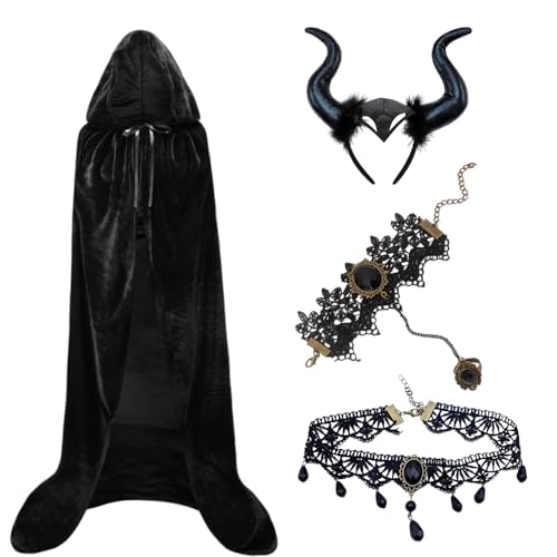 NAVESO Halloween Kostüm Damen Haarband mit Dämonenhorn, Maleficent Kostüm Damen, Böse Königin Kos-tüm Halloween Umhang, mit Kapuze, Halskette Armband Teufel Kos-tüm Damen für Karneval Maskerade von NAVESO
