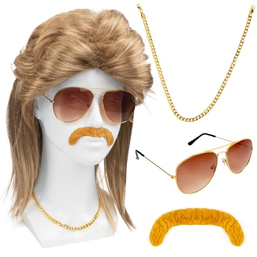 NAVESO Vokuhila Perücke Herren, 80er 90er Jahre Outfit Accessoires Herren, 80er Jahre Outfit Herren Perücke, Proll Perücke, Rocker Perücke, Sonnenbrille Halskette Bart, Karneval Fasching Kostüme NAVESO Vokuhila Perücke Herren, 80er 90er Jahre Outfit Accessoires Herren, 80er Jahre Outfit Herren Perücke, Proll Perücke, Rocker Perücke, Sonnenbrille Halskette Bart, Karneval Fasching Kostüme von NAVESO