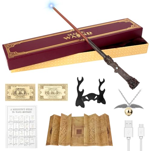 NAVESO Zauberstab mit Licht, USB Aufladung Zauberstab In Geschenkbox mit Zauberspruchkarte, Bahnfahrkarte, Karte, Halskette und Halter für Hexen und Magier Cosplay De Halloween von NAVESO