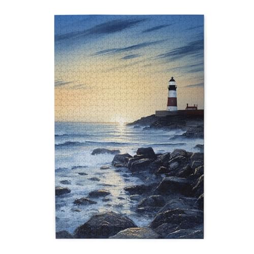 1000-teiliges Puzzle für Erwachsene, herausfordernde Puzzles für Spielabende, Leuchtturm am Meer, Holzpuzzle, personalisierbar, Holzbild, Puzzle für Familie, fertige Größe 50 x 74,9 cm von NBCCDVSH