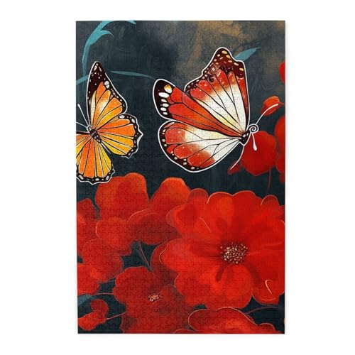 1000-teiliges Puzzle für Erwachsene, herausfordernde Puzzles für Spielabende, rote Blumen und Schmetterlinge, Holzpuzzle, personalisierbar, Holzbild, Puzzle für Familie, fertige Größe 50 x 74,9 cm 1000-teiliges Puzzle für Erwachsene, herausfordernde Puzzles für Spielabende, rote Blumen und Schmetterlinge, Holzpuzzle, personalisierbar, Holzbild, Puzzle für Familie, fertige Größe 50 x 74,9 cm von NBCCDVSH