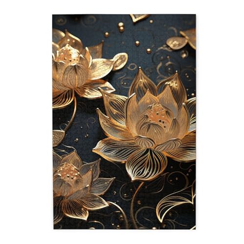 1000-teiliges Puzzle für Erwachsene, herausfordernde Puzzles für Spieleabende, Boho, Gold, Lotusblumen, Holzpuzzle, personalisierbar, Holzbild, Puzzle für Familie, fertige Größe 50 x 74,9 cm 1000-teiliges Puzzle für Erwachsene, herausfordernde Puzzles für Spieleabende, Boho, Gold, Lotusblumen, Holzpuzzle, personalisierbar, Holzbild, Puzzle für Familie, fertige Größe 50 x 74,9 cm von NBCCDVSH