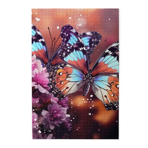 1000-teiliges Puzzle für Erwachsene, herausfordernde Puzzles für Spieleabende, bunte Schmetterlinge auf Blumen, personalisierte Holzpuzzle für Familie, fertige Größe, 19,7 x von NBCCDVSH