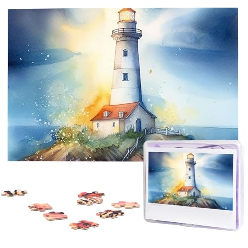 1000-teiliges Puzzle für Erwachsene, herausforderndes Puzzle für Spielabende, Aquarell, Leuchtturm, Fantasie, Licht, Holzpuzzle, fertige Größe 74,9 x 50 cm von NBCCDVSH