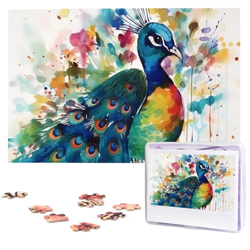 1000-teiliges Puzzle für Erwachsene, herausforderndes Puzzle für Spielabende, Aquarell-Pfau, Holzpuzzle, fertige Größe 74,9 x 50 cm von NBCCDVSH