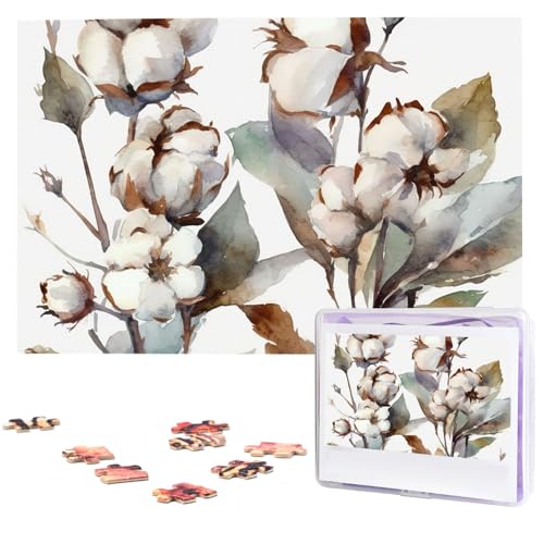 1000-teiliges Puzzle für Erwachsene, herausforderndes Puzzle für Spielabende, Zweige und Baumwollblumen, Vintage-Aquarell-Holzpuzzle, fertige Größe 74,9 x 50 cm von NBCCDVSH