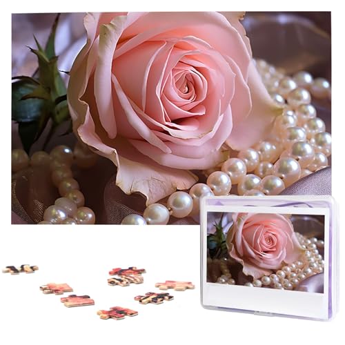 1000-teiliges Puzzle für Erwachsene, herausforderndes Puzzle für Spielabende, rosa Rose und Perlen, Holzpuzzle, fertige Größe 74,9 x 50 cm von NBCCDVSH