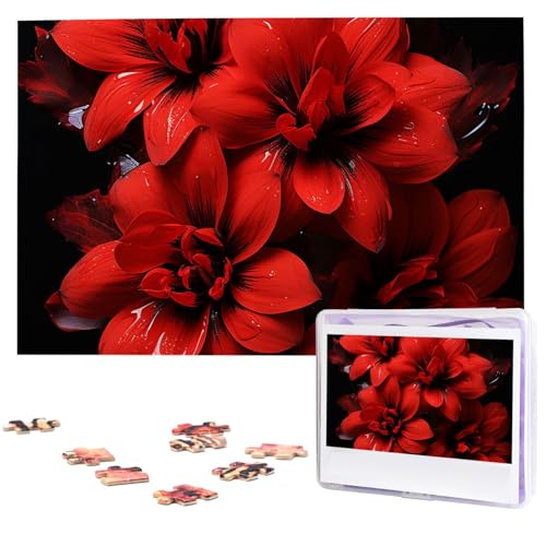 1000-teiliges Puzzle für Erwachsene, herausforderndes Puzzle für Spielabende, rote Blume auf schwarzem Holzpuzzle, personalisierte Holzpuzzles für Familie, Bilderpuzzles, fertige Größe 74,9 x 50 cm von NBCCDVSH