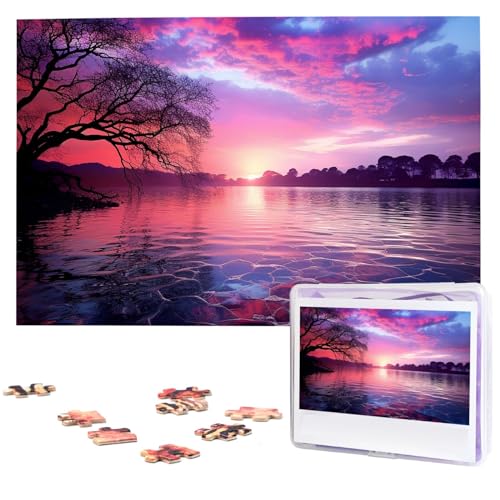 1000-teiliges Puzzle für Erwachsene, herausforderndes Puzzle für Spielabende, violetter Sonnenuntergang auf dem Wasser, Holzpuzzle, fertige Größe 74,9 x 50 cm von NBCCDVSH