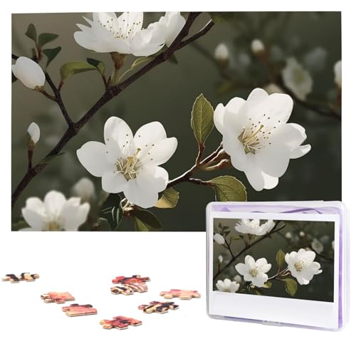 1000-teiliges Puzzle für Erwachsene, herausforderndes Puzzle für Spielabende, weiße Blumen, Frühlingspuzzle, Holzpuzzle, fertige Größe 74,9 x 50 cm von NBCCDVSH