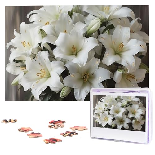 1000-teiliges Puzzle für Erwachsene, herausforderndes Puzzle für Spielabende, weiße Lilienstrauß, Holzpuzzle, fertige Größe 74,9 x 50 cm von NBCCDVSH