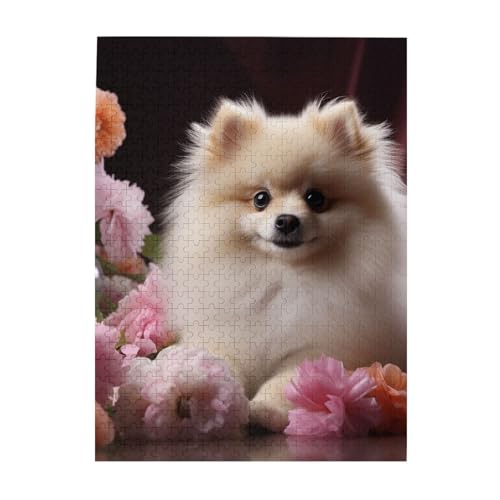 500-teiliges Puzzle für Erwachsene, herausforderndes Puzzle für Spielabende, Zwergspitz- und Blumenmotiv, Holzpuzzle, fertige Größe 38,1 x 51,8 cm von NBCCDVSH