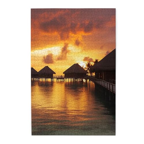 Puzzle 1000 Teile für Erwachsene, herausfordernde Puzzles für Spielabende, Tahiti-Touristenkomplex, Sonnenuntergang, personalisiertes Holzpuzzle für Familie, Größe von NBCCDVSH