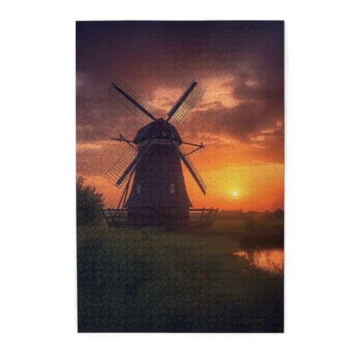 Puzzle für Erwachsene, 1000 Teile, herausforderndes Puzzle für Spielabende, Sonnenuntergang, Windmühle, personalisiertes Holzpuzzle für Familie, fertige Größe, 19,7 x 29,5 cm von NBCCDVSH