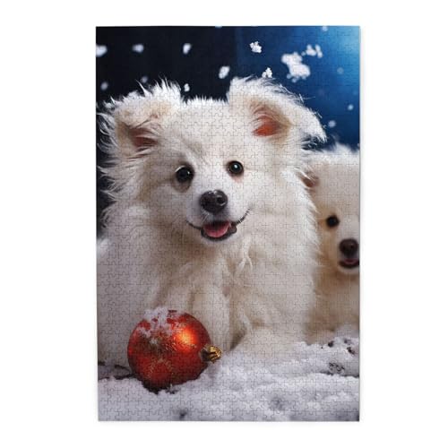 Puzzle für Erwachsene, 1000 Teile, herausforderndes Puzzle für Spieleabende, Frohe Weihnachten, weißer Schneehund, personalisierbares Holzpuzzle für Familie, fertige Größe von NBCCDVSH