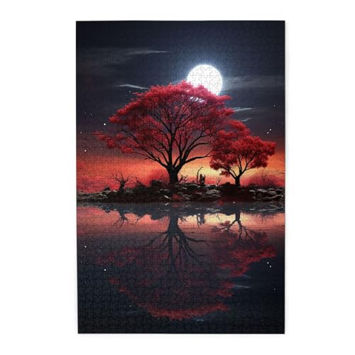 Puzzle für Erwachsene, 1000 Teile, herausforderndes Puzzle für Spieleabende, roter Baum, See, Mond, personalisierte Holzpuzzle für Familie, fertige Größe, 19,7 x 29,5 cm Puzzle für Erwachsene, 1000 Teile, herausforderndes Puzzle für Spieleabende, roter Baum, See, Mond, personalisierte Holzpuzzle für Familie, fertige Größe, 19,7 x 29,5 cm von NBCCDVSH