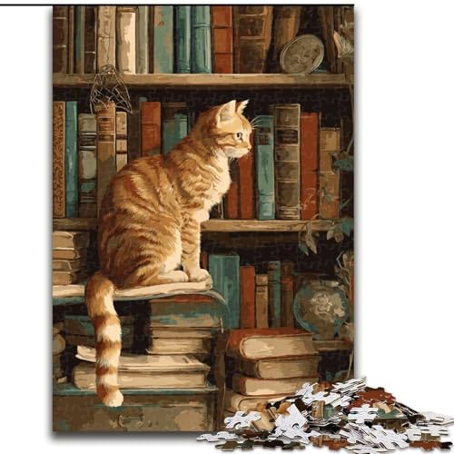 1000-teiliges Puzzle für Erwachsene und Jugendliche, Katze auf dem Bücherregal, Elefantenspielzeug, Denkspiel, Geburtstagsgeschenk, Geschenke, Wandkunst für Kinder ab 14 Jahren (Größe 50x75cm) von NBDSOYEWO