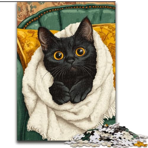 1000-teiliges Puzzle für Erwachsene und Jugendliche, Schwarze Katze auf dem Sofa, dekomprimierendes intellektuelles Lernspielzeug, ganze Familie (Größe 26x38cm) von NBDSOYEWO