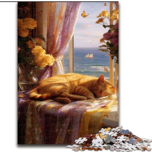 1000-teiliges Puzzle für Erwachsene und Jugendliche, schlafende orangefarbene Katze, entspannendes intellektuelles Lernspielzeug, Geburtstagsgeschenk, Geschenke, Wandkunst (Größe 50x75cm) von NBDSOYEWO