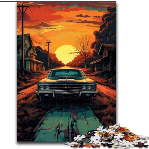 Puzzle 1000 Teile, Auto auf der Straße bei Sonnenuntergang, aus Holz, Eltern, Partner, Freunde – ab 14 Jahren, 50x75cm, Geburtstagsparty für Männer und Frauen von NBDSOYEWO