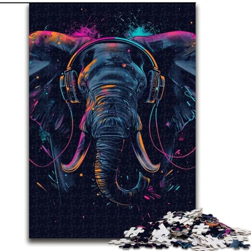 Puzzle 1000 Teile Elefant mit Kopfhörern. Anspruchsvolles Denkspiel für Teenager, perfekt als Heimdekoration oder Geschenk (Größe: 26x38cm) von NBDSOYEWO
