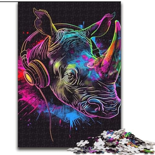 Puzzle 1000 Teile für Erwachsene, Nashorn mit Kopfhörern, anspruchsvolles Denkspiel für Teenager, Spaß für den Spieleabend mit der Familie (Größe: 26x38cm) von NBDSOYEWO