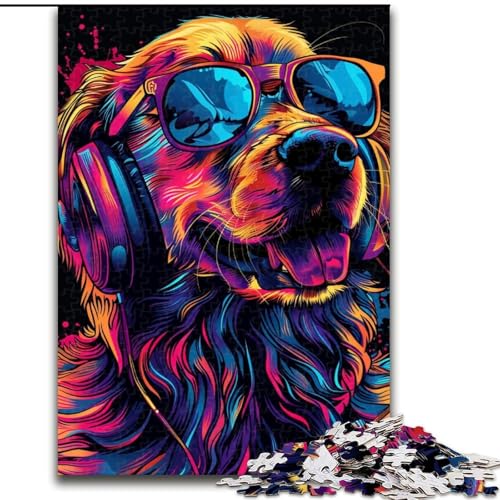 Puzzle für Erwachsene, 1000 Teile, Golden Retriever mit Kopfhörern, aus Holz, schwieriges Denkspiel für Teenager, 50x75cm, für Heimdekoration, Gehirntraining von NBDSOYEWO