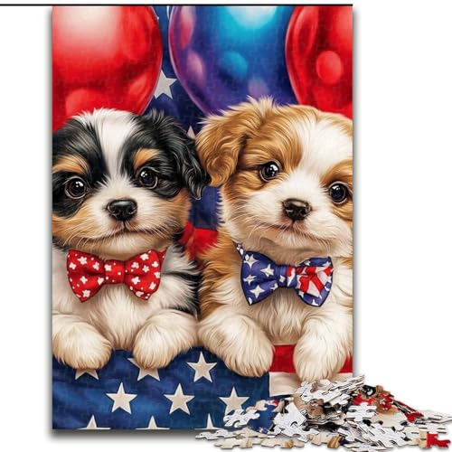 Puzzle für Erwachsene, 1000 Teile, schwierig, Welpe mit amerikanischer Flagge, Dekomprimierendes intellektuelles Lernspielzeug, Geburtstagsgeschenk, Geschenke (Größe 26x38cm) von NBDSOYEWO