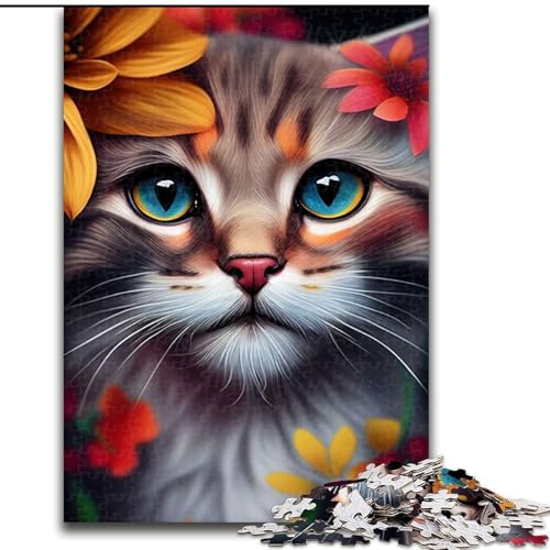 Puzzle für Erwachsene, 1000 Teile, süßes Katzengesicht mit Blumen, Quizspiel zur Stärkung der Liebe zwischen Paaren für Kinder ab 14 Jahren (Größe 26x38cm) von NBDSOYEWO