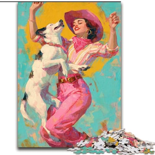 Puzzle für Teenager, 1000 Teile, Cowgirl-Hund in Wildblumen, Dekomprimierendes intellektuelles Lernspielzeug, Geburtstagsgeschenk, Geschenke, Wandkunst (Größe 50x75cm) von NBDSOYEWO