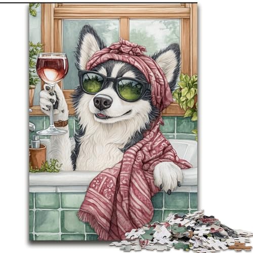 Puzzles für Teenager, 1000-teiliges Puzzle Husky im Badezimmer, Lernspielzeug für Teenager und Jugendliche ab 14 Jahren, ganze Familie (Größe 26x38cm) von NBDSOYEWO