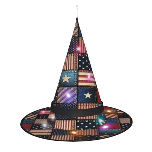 NBRIEU Faltbarer Hexenhut mit US-Flagge, Patchwork-Muster, Halloween-Vampir-Kostüm-Zubehör NBRIEU Faltbarer Hexenhut mit US-Flagge, Patchwork-Muster, Halloween-Vampir-Kostüm-Zubehör von NBRIEU