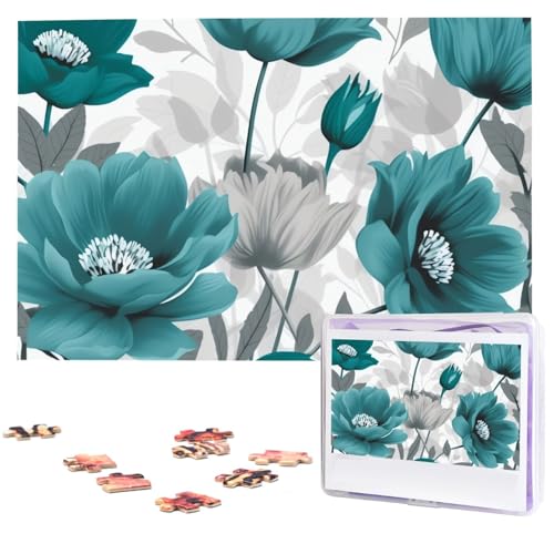 Blaugrün-graue und weiße Blumenpuzzles aus Fotos, 1000 Teile, personalisiertes Holzpuzzle, herausfordernde Puzzles für Erwachsene, individuelles Bildpuzzle, Geschenke für Familie, Hochzeit, Freund von NBSKSDLK